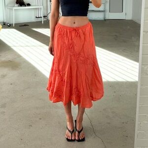 Vintage Orange Floral Embroidered Midi Boho Skirt